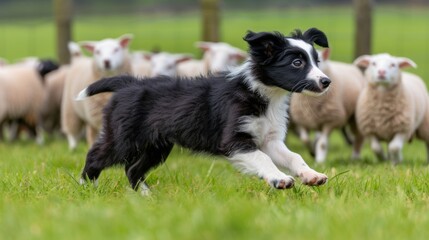 Border collie puppy herding sheep in lush green pasture, showcasing intelligent work ethic - obrazy, fototapety, plakaty