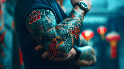 A man in a blue shirt prominently exhibiting brilliant traditional Japanese tattoo sleeve designs