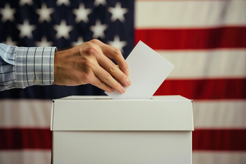 Election in United States of America. Voter puts envelope into vote ballot. USA flags in background. Democracy concept. Elections 2024. 