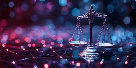 Balancing Fairness and Equality: Digital Scales of Justice in a Futuristic Network Background. Concept Technology, Justice, Equality, Futuristic, Fairness - obrazy, fototapety, plakaty