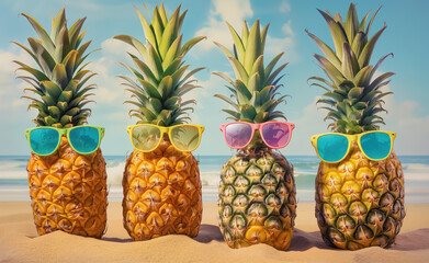 Pineapples with sun glasses on the beach. Summer vacation and travel concept.