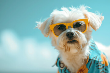 Dog with sun glasses. Empty space. Blue sky. Summer vacation and travel concept.