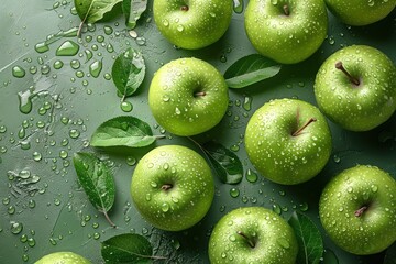 A group of Granny Smith apples on top. The apples have water droplets on them, and some are accompanied by apple leaves. The background is a green color, and the apples are arranged in a way that form - obrazy, fototapety, plakaty