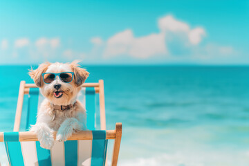 Dog with sun glasses laying on a sunbed. Summer vacation and travel concept.