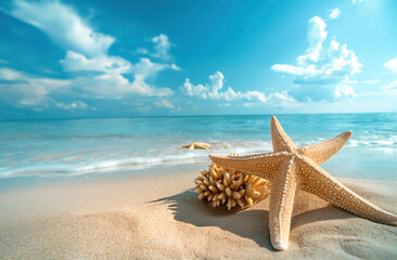 Summer vacation and travel concept. Sea star and shells on the beach. Empty space blurred...