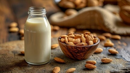 Organic almond milk in glass bottle with raw almonds on stone table in kitchen setting - obrazy, fototapety, plakaty