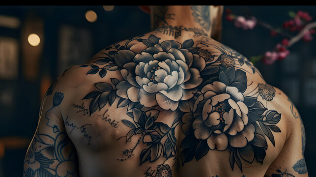 Monotone tattoo showing rich floral patterns on the back, symbolizing timeless beauty in ink