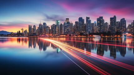 Stunning Sunset Skyline with Light Trails on Waterfront, Cityscape Photography
