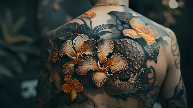 A stunning image showcases a man's back adorned with an elaborate ginkgo leaf tattoo design