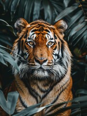 Tiger in jungle sitting and looking straight ahead,generated with ai