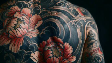 This image focuses on the beauty and intricacy of a floral sleeve tattoo, with emphasis on the deep colors and elegant design