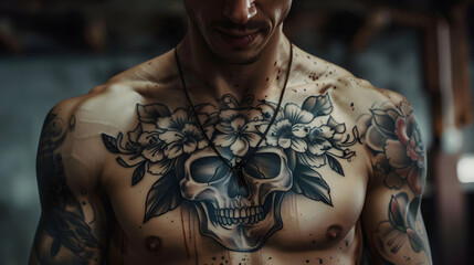Beautifully crafted black and grey tattoo featuring a skull entwined with flowers across the chest - obrazy, fototapety, plakaty