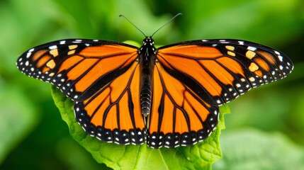 Fototapeta premium Vibrant Monarch butterfly resting on a milkweed leaf its striking orange and black pattern stark against the lush green background