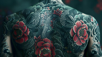 Stunning sleeve tattoo with vibrant red flowers and dark accents in a traditional Japanese style
