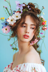 Young woman with field flowers in her hair - 771059675