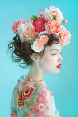 Young woman with a floral arrangement in her hair - 771059691