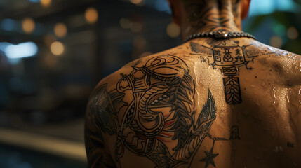 Back perspective of a tattooed man highlighting a detailed anchor and stars design symbolizing guidance and hope