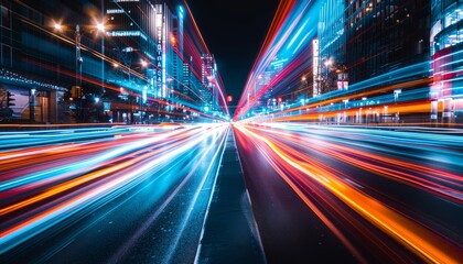 Urban night traffic  blurred car lights in fast highway transit creating mesmerizing light trails - obrazy, fototapety, plakaty