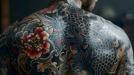 A close-up colorful shot capturing the vibrant and intricate dragon tattoo art on a man's back, highlighting the skill and style