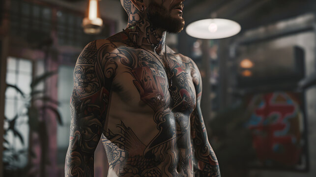 Full body shot of a man with a myriad of tattoos encompassing various styles and symbols, representing a tapestry of life stories