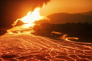 Iceland volcano eruption with lava spewing out of it. The lava is orange and the sky is filled with smoke