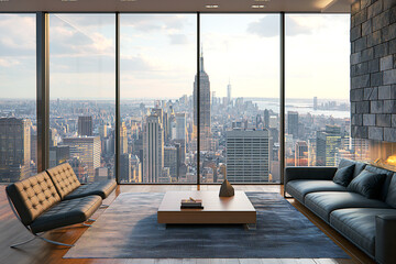 Modern living room with Manhattan skyline - 771060218