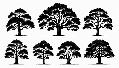 A set of black drawn trees on a pure white background