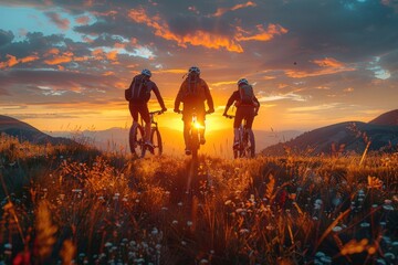 Three enthusiastic bikers embracing the breathtaking sunset view atop a majestic mountaintop