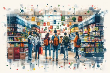 Obraz premium Diverse group shopping in a bustling supermarket, exploring aisles with abundant product selection