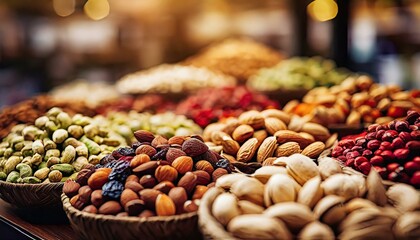 dried fruit and nuts. A deluxe display of various mixed nuts in an upscale grocery or specialty...