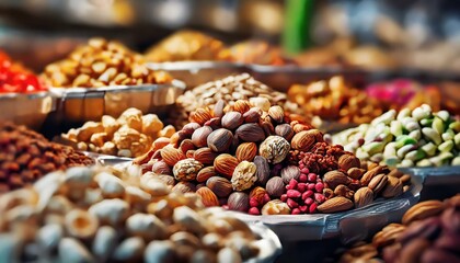 A deluxe display of various mixed nuts in an upscale grocery or specialty store, highlighting dried fruits and nuts in the market - obrazy, fototapety, plakaty