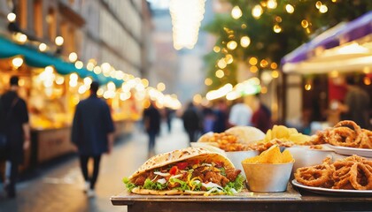 A lively street food scene with vendors selling savory snacks like tacos, pretzels, and samosa - obrazy, fototapety, plakaty