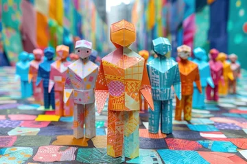 Foto op Plexiglas Colorful origami people standing together on vibrant background, united in diversity © ЮРИЙ ПОЗДНИКОВ