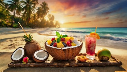 A serene beach scene at sunset, with a chilled tropical fruit salad and refreshing drinks served...