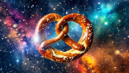 A surreal image materializes, depicting giant pretzels suspended in the vast expanse of space among twinkling stars and swirling, colorful nebulae.