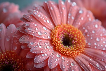 Close-up of a beautiful pink gerbera flower with water drops on its petals.