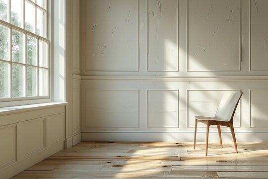 Wooden chair by the window with sunlight and shadows on a white wall in the background