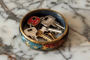 Luxury golden decorative bowl with assorted keys on elegant marble table with blue and red accents