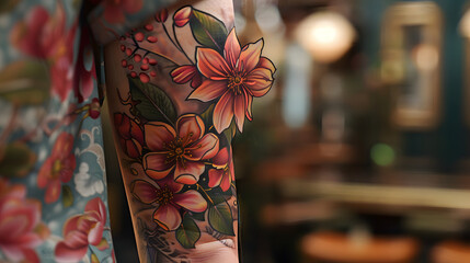 An artistically vibrant arm tattoo showcasing a bright floral motif with accompanying berries against a blurry background