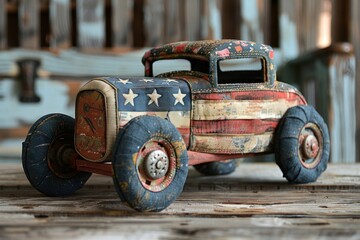 Rustic patriotic retro toy car with American flag design on wooden background - obrazy, fototapety, plakaty