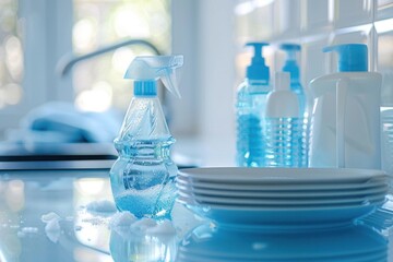 Blue and White Cleaning Supplies with Soap and Dishes for Kitchen Organization