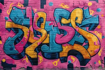 Rolgordijnen Vibrant graffiti on brick wall adds artistic touch to urban landscape © ЮРИЙ ПОЗДНИКОВ