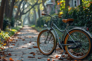 Vintage bicycle parked on a brick path in an autumn park with fallen leaves. - Powered by Adobe
