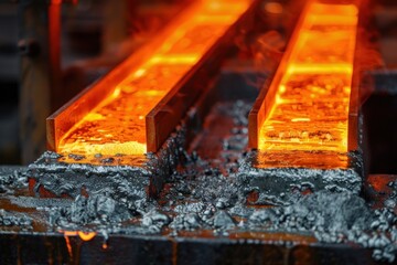 Steel mill process Molten metal ingots cooling after smelting. Steel billets for construction.