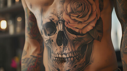 A close look at a tattoo artwork on human skin, depicting a skull surrounded by rose elements - obrazy, fototapety, plakaty