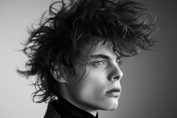 Stylish male model with wild hairstyle exudes youthful rebel vibe.