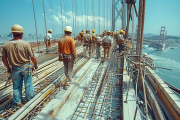 Construction Workers Walking on Steel Beam Above Golden Gate Bridge During 1930s Construction - obrazy, fototapety, plakaty