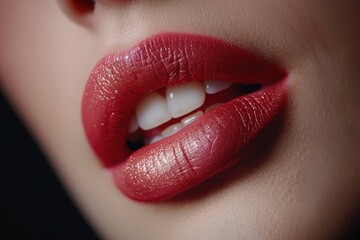Close-up of womans lips with red lipstick and white teeth, showcasing perfect makeup and beauty
