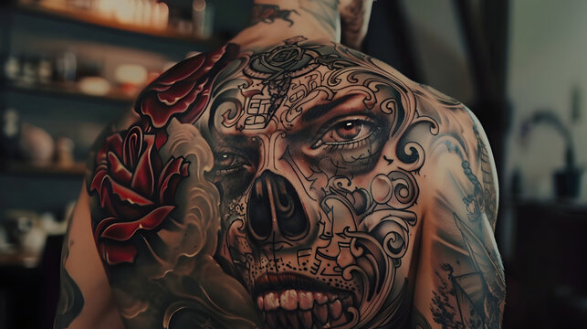 An image of an intricate tattoo featuring a skull superimposed on a dog's face with roses and scroll designs