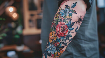 This high-resolution image captures a beautiful floral tattoo with a variety of colorful flowers on the arm
